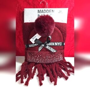 Madden NYC Beanie & Scarf Set - Burgundy - One Size (NWT)